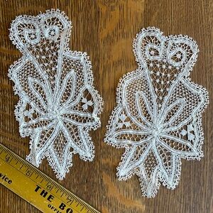 Pair of Vintage White Lace Appliqués | Floral Scrollwork Needle Lace Trim | MCM
